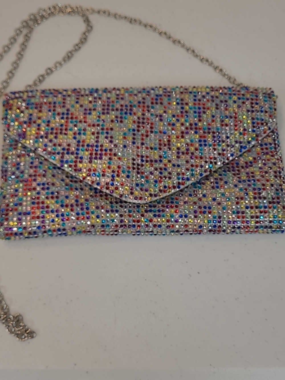Jessica McClintock Crystal Multicolor Envelope Clutch Bag with Chain Strap - Picture 11 of 11